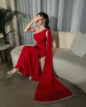 Moterys Vienos Pečių Red Crystal Undinė Vakarinę Suknelę Saudo Arabija Bžūp Rankovėmis Elegantiška Prom Dresses Oficialias Vestuves Suknelė