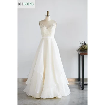 Dramblio Kaulo Nėrinių Organza Duobute Scoop Rankovių Grindų-Ilgis A-Line Wedding Suknelė Pagal Užsakymą