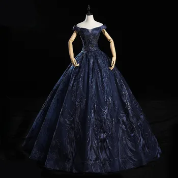 Tamsiai Mėlyna Prom Dresses Spalvingas Quinceanera Suknelę nuo Peties Gėlių Siuvinėjimas su Duobute Nėriniai-up atgal Kolonėlė