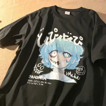 Retro Japonijos Valgyti Girl Anime Graphic T Shirts Harajuku Goth Punk Negabaritinių Trumpas Rankovės Y2k Viršuje 2022 Vasaros Didelis Atsitiktinis 2XL