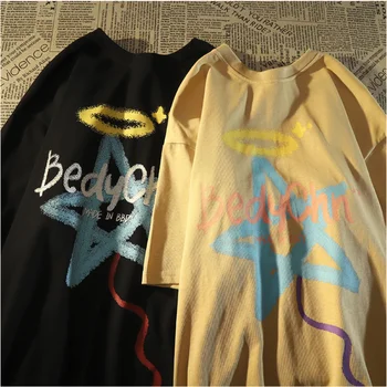 Harajuku American Retro Star Grafinis Atspausdintas Moterų marškinėliai Streetwear Hip-Hop Prarasti Negabaritinių trumpomis Rankovėmis Viršūnes Tees Unisex