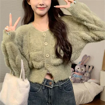Korėjos Švelnus Imitacija Mink Pliušinis Megzti Džemperis Cardigan Moterų Trumpas, Kietas Viršuje Temperamentas Slim Fit Minkštu Glutinous Megztiniai