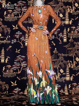 VGH Colorblock Spausdinimo Derliaus Raukšlės Suknelės Moterims Apvalios Kaklo Blyksnius Rankovėmis Aukštos Juosmens Kratinys Diržo Linijos, Moteriška Suknelė