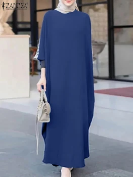 ZANZEA Moteris Mados Eid Mubarek Sundress Nėriniai Nėrimo Musulmonų Suknelė ilgomis Rankovėmis O-Kaklo Maxi Atsitiktinis Šalies Islamo Drabužių 2023