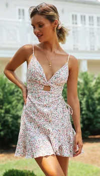 WildPinky 2023 Naujas Backless Vasaros Gėlių Spausdinti Suknelė Elegantiškas Tuščiaviduriai Iš Spageti Dirželis-line Mini Suknelė už Šalis Paplūdimio