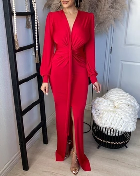 Elegantiškas Vakarinę Suknelę 2024 Nauja Peties Raudonas Ilgas Rankovėmis Susukti Plisuotos Ilga Suknelė Seksualus Mažai Kaklu Ir Giliai V-Kaklo Šalis Suknelė
