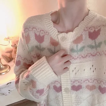 Cardigan megztinis moteriška pavasarį ir rudenį, prarasti atsitiktinis spausdinti retro švelnus dizainas nišą minkštas glutinous cardigan megztinis moteriška