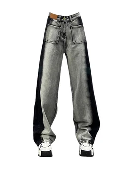 Moterų Kontrasto Spalvų Baggy Harajuku Tiesūs Džinsai Y2k Streetwear Džinsinis Platus Kojų Kelnės Punk Stiliaus Japonų Mados Grunge Kibernetinio