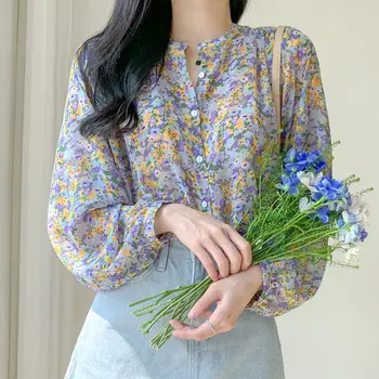 Moterų Pavasario Rudens Stiliaus Šifono Palaidinės, Marškiniai, Elegantiškas Mygtuką V-Kaklo Spausdinti Atsitiktinis ilgomis Rankovėmis Viršūnes DF3896