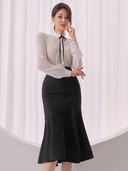Korėjos Pavasarį, Rudenį 2 Vnt Kompl Elegantiškas Moteris, Baltos Spalvos Blizgučiai Ryškios Šilko Topai Marškinėliai Palaidinė Aukšto Juosmens Midi Sijonas Mujer Rinkiniai