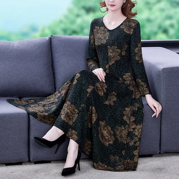 Pavasario Rudens Gėlių Akių Maxi Suknelė 2023 Korėjos Vintage Laisvalaikio Šalis Suknelė Moterims, Elegantiškas Bodycon Ilgomis Rankovėmis Office Lady Suknelė