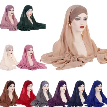 Momentiniai Hijabs Šifono Skara Su Kryžiaus Jersey Kepurės Variklio Dangčio Musulmonų Moterys Turbaną Vienas Gabalas Amira Traukti Paruoštas Dėvėti Skara Headwrap