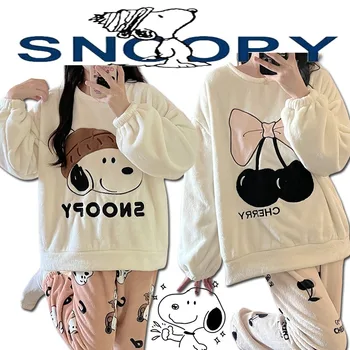 Snoopy Moterų Pižama Nustatyti Žiemos Sutirštės Animacinių filmų Pižama Facecloth Namų Drabužiai Mielas Kostiumas Mados Laisvalaikio Koralų Vilnos Pižama