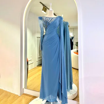 Prabangios vakarinės Suknelės, Vestuvių Dangus Mėlynas Duobute Bateau Undinė Chalatai Moterims 2023 ilgomis Rankovėmis Svečias 