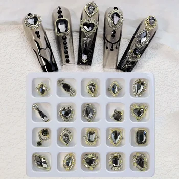 20pcs/box Black Nagų Dailės Cirkonio Rinkinys Nagai Blizgučiai Ornamentu Maišyti Stilių Dydžio Deimantų 