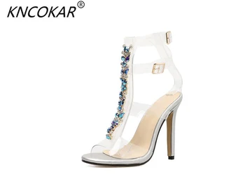 KNCOKAR Populiarus karšto stilių, spalvų deimantų grandinėje skaidrius aukštakulnius seksualus kristalų sandalai moterims