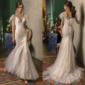 2021 Vestuvių Suknelės Puošmena-Trumpas Rankovės Nėrinių Appliques Undinė Vestuvinės Suknelės Mygtuką Atgal Valyti Traukinio Paplūdimys Vestuvių Suknelė