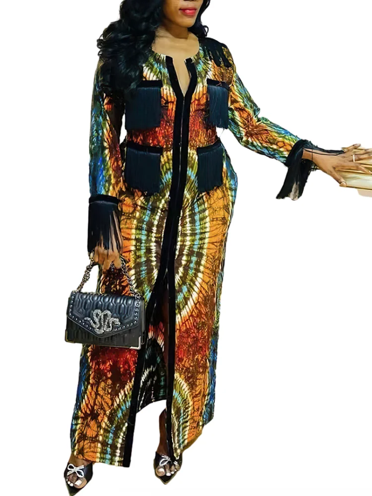 Afrikos Spausdinti Suknelės Moterims Rudens Mados Afrikos Drabužių, Apsiaustą Femme Kutas Užtrauktukas Maxi Ilgomis Rankovėmis Suknelės Streetwear