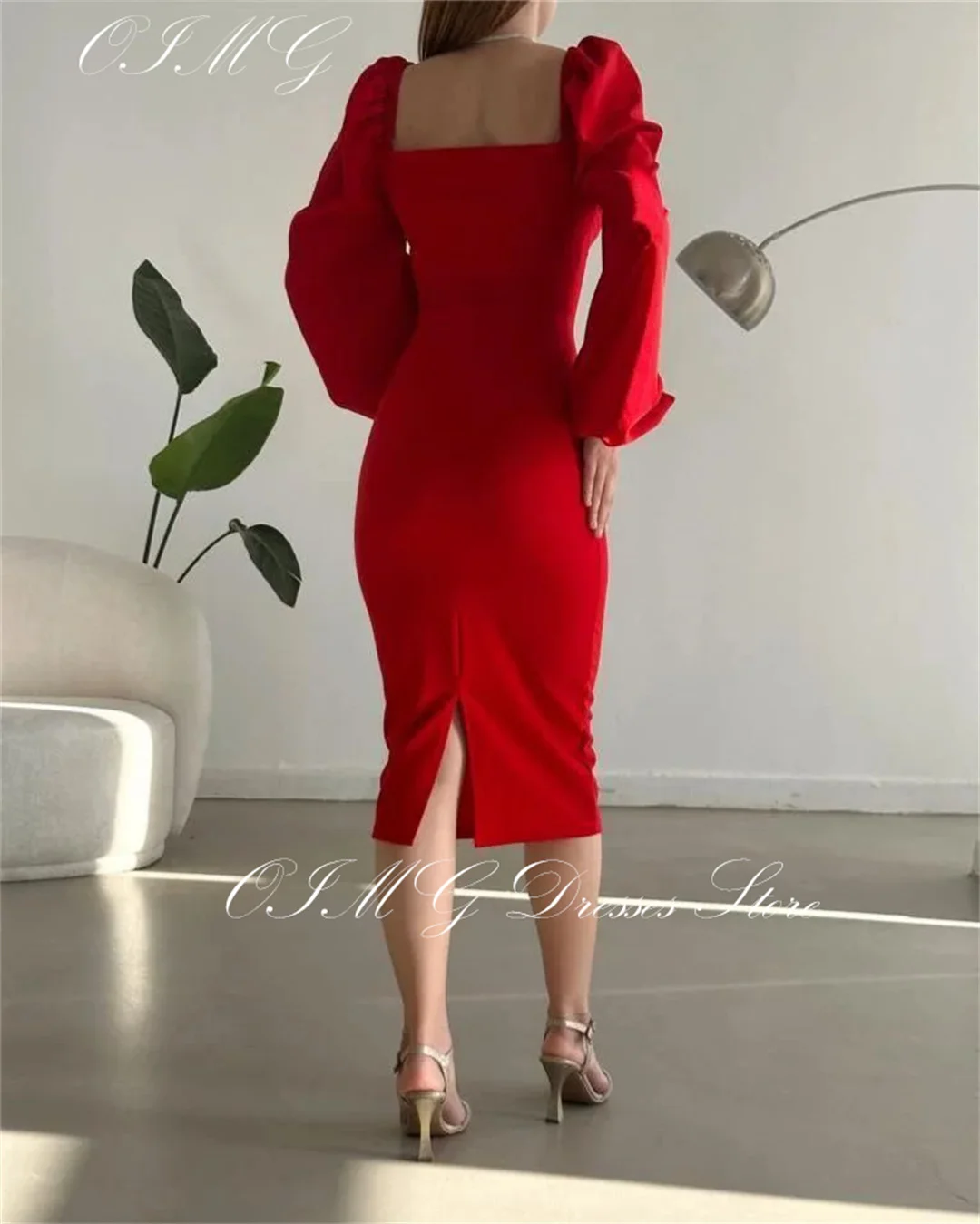 OIMG Spalvingas Brangioji Raudona Prom Dresses Satino ilgomis Rankovėmis T-Ilgis Ruched Moterų Vakare Chalatai Proga Oficialus Šalis Suknelė
