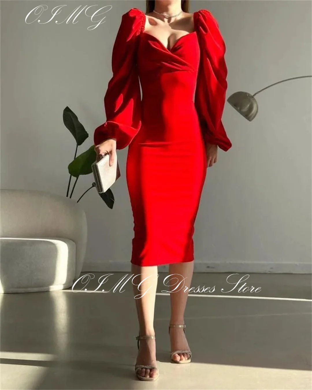 OIMG Spalvingas Brangioji Raudona Prom Dresses Satino ilgomis Rankovėmis T-Ilgis Ruched Moterų Vakare Chalatai Proga Oficialus Šalis Suknelė